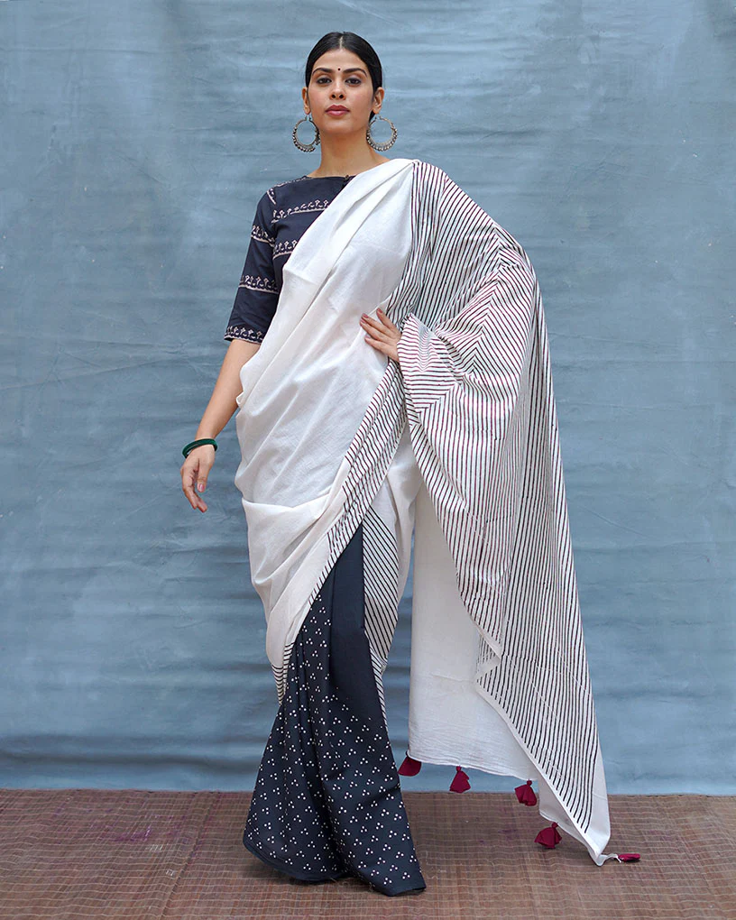 B&W Muse Black & White Handblock Print Cotton Saree - MIS - Image 9