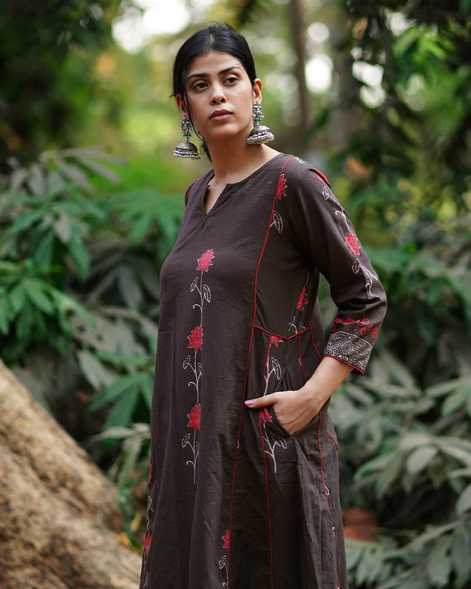 Badal Si Tu Brown Block Printed Cotton Kurti - WW - Image 4
