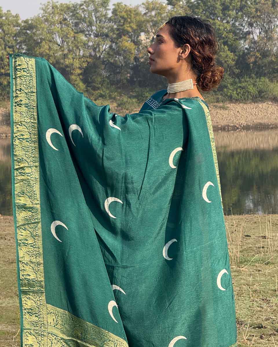 Bansari Blockprinted Dola Silk Saree - RB - Image 11