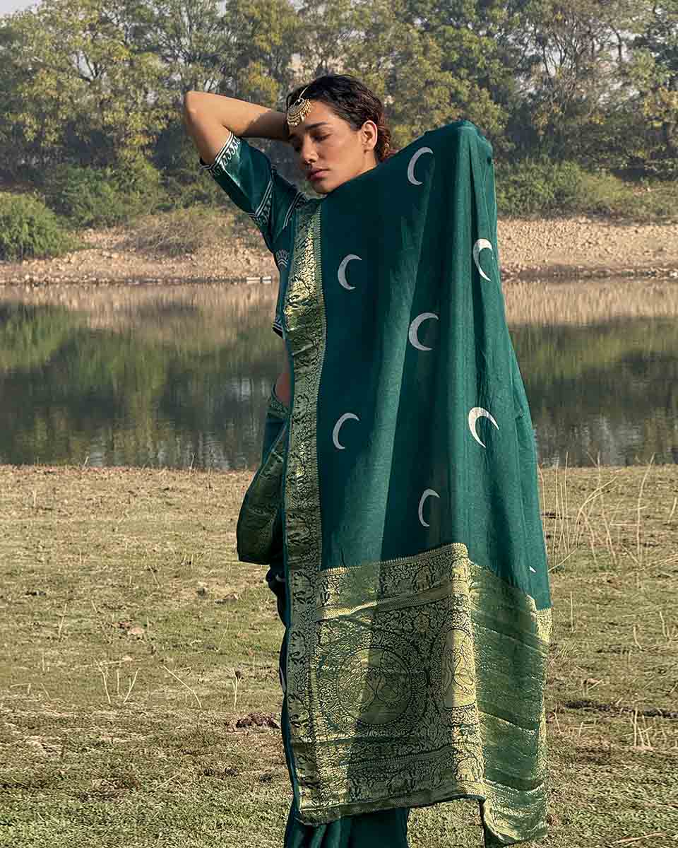 Bansari Blockprinted Dola Silk Saree - RB - Image 12