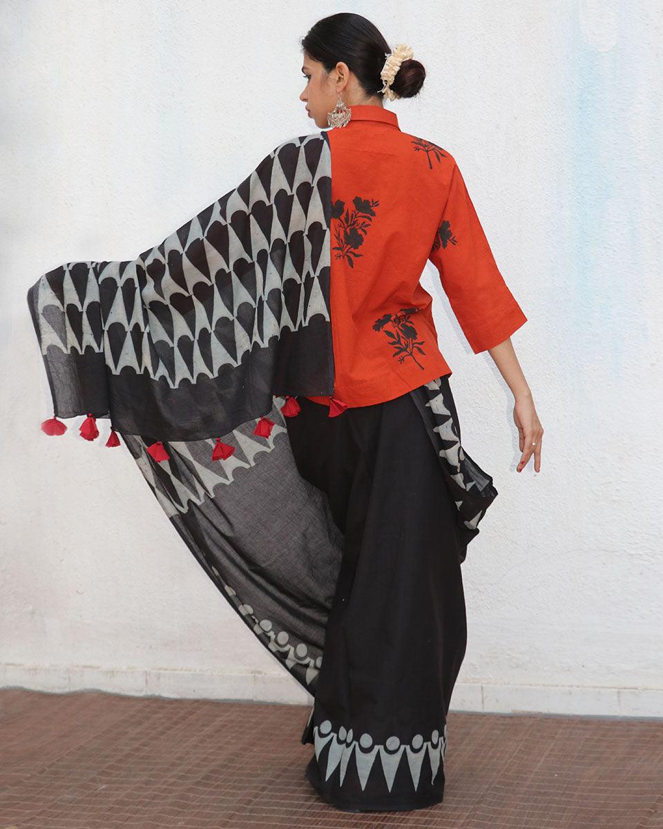 Barkha Black Block printed Cotton Saree - NOMAD - Image 7
