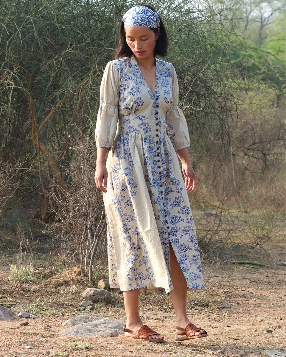Beige Blue Blockprinted Bel Cotton Dress - Image 6