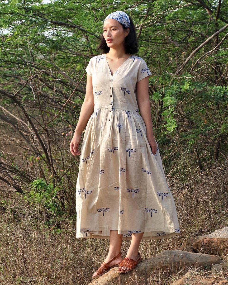 Beige Blue Blockprinted Dragonfly Cotton Dress