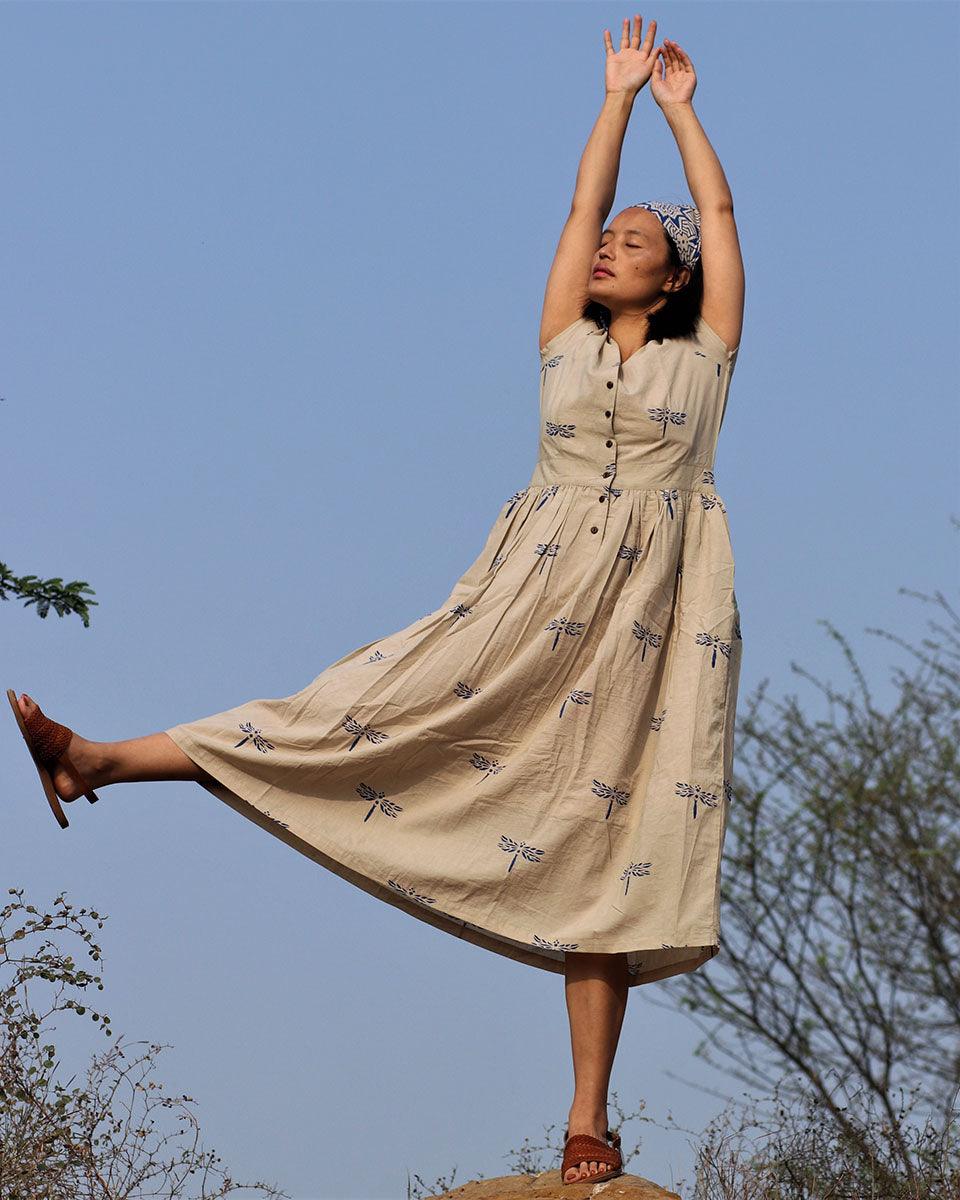 Beige Blue Blockprinted Dragonfly Cotton Dress - Image 6