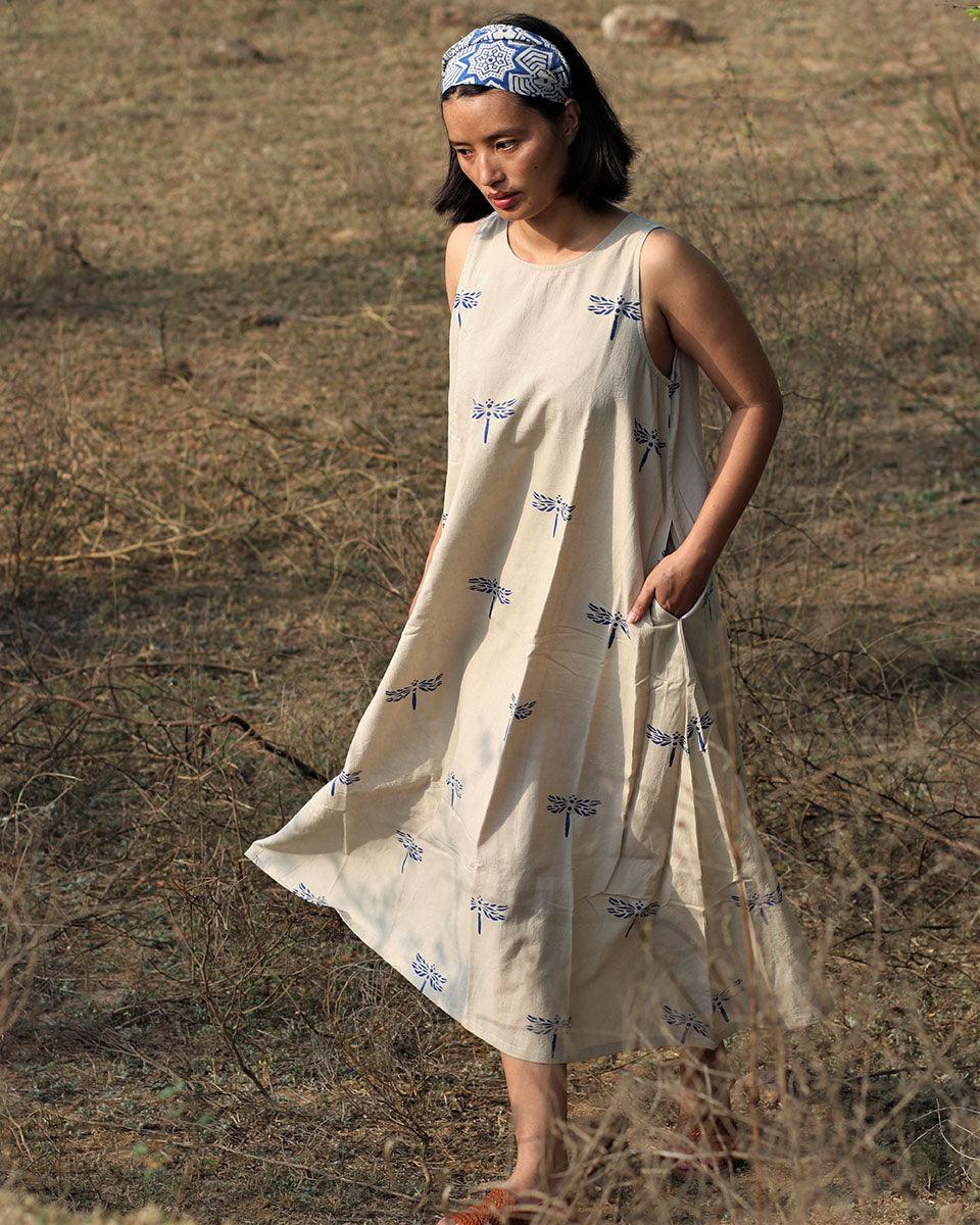 Beige Blue Blockprinted Dragonfly Sleeveless Cotton Dress - Image 2