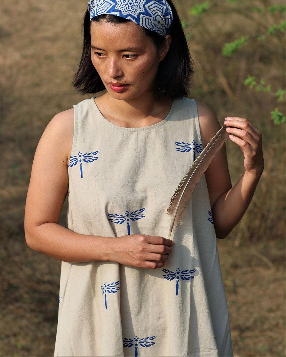 Beige Blue Blockprinted Dragonfly Sleeveless Cotton Dress - Image 4