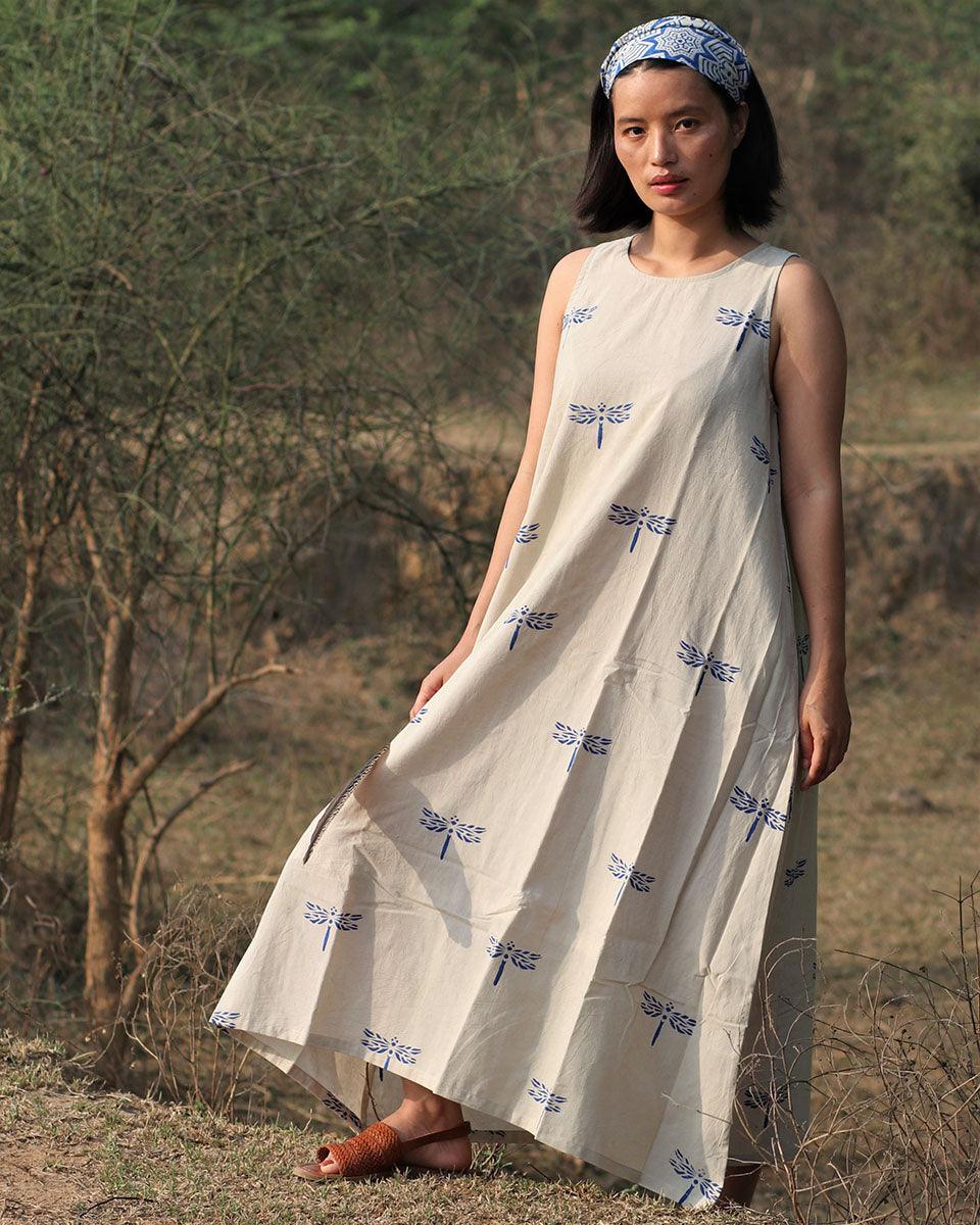 Beige Blue Blockprinted Dragonfly Sleeveless Cotton Dress - Image 5