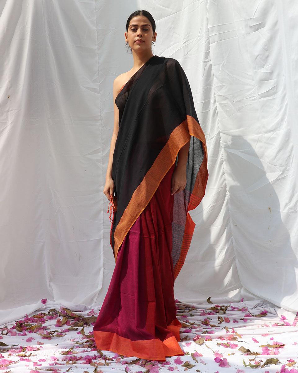 Belladonna Black Pink Handwoven Cotton Saree - LIDD
