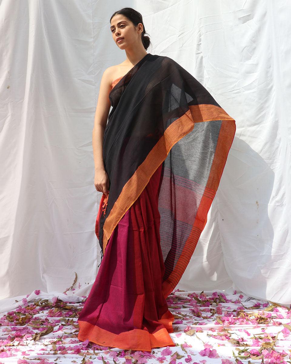 Belladonna Black Pink Handwoven Cotton Saree - LIDD - Image 5