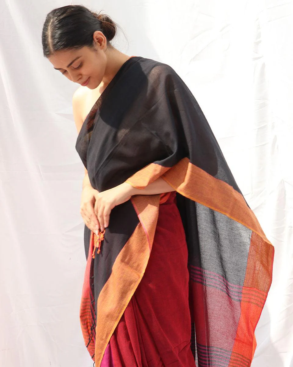 Belladonna Black Pink Handwoven Cotton Saree - LIDD - Image 6
