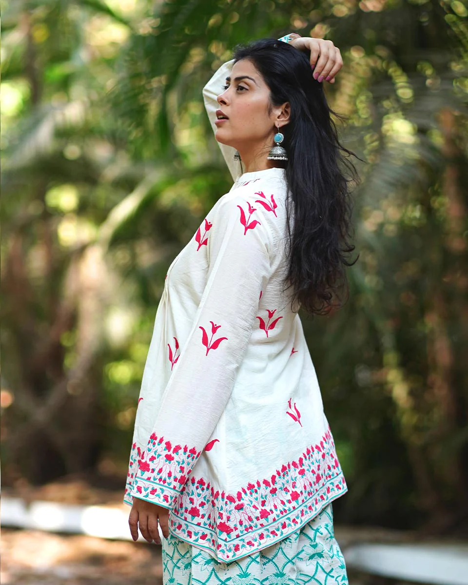 Bellflowerâ€™s Bloom Ivory Handblock Kurti - MMG - Image 4
