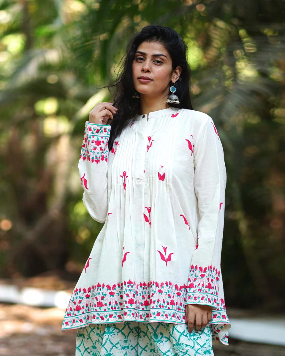 Bellflowerâ€™s Bloom Ivory Handblock Kurti - MMG - Image 6