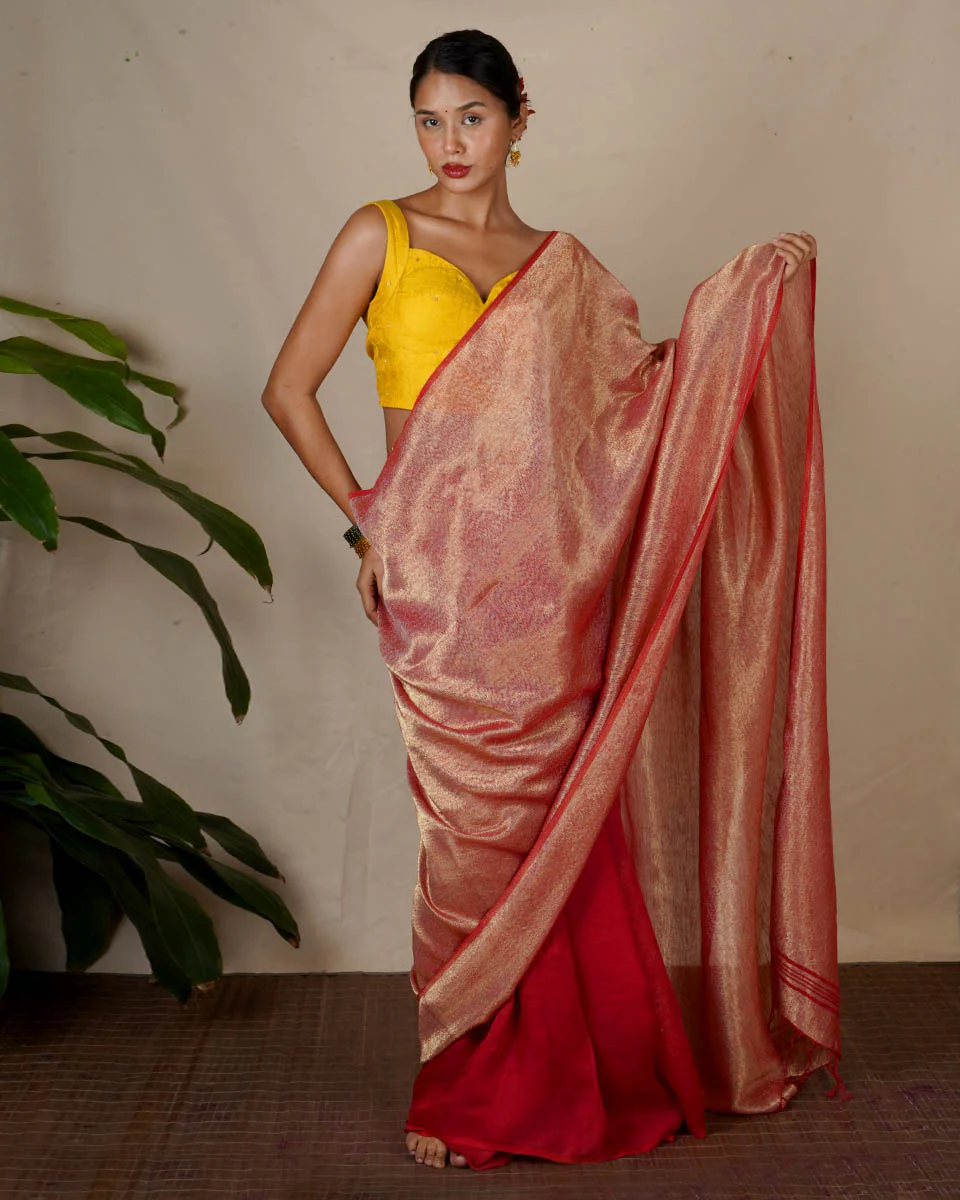 Bibha Orange Handwoven Linen Zari Saree - Eknoor
