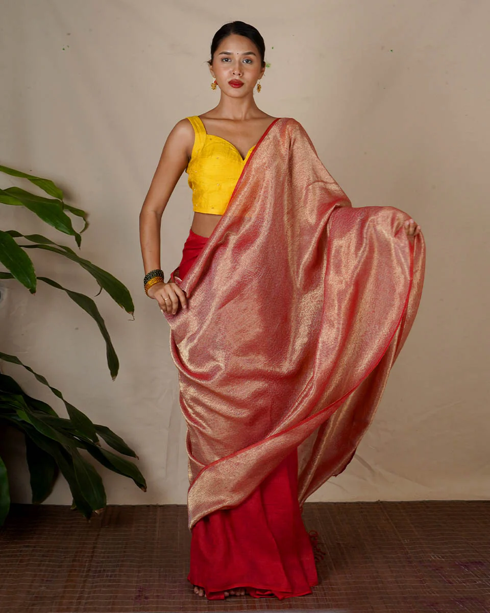 Bibha Orange Handwoven Linen Zari Saree - Eknoor - Image 10