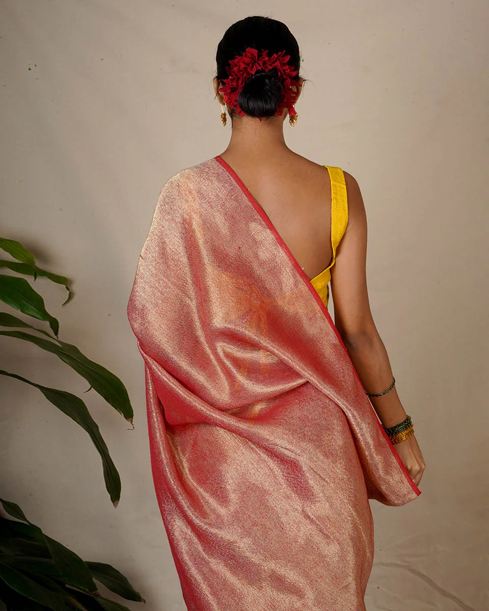 Bibha Orange Handwoven Linen Zari Saree - Eknoor - Image 11