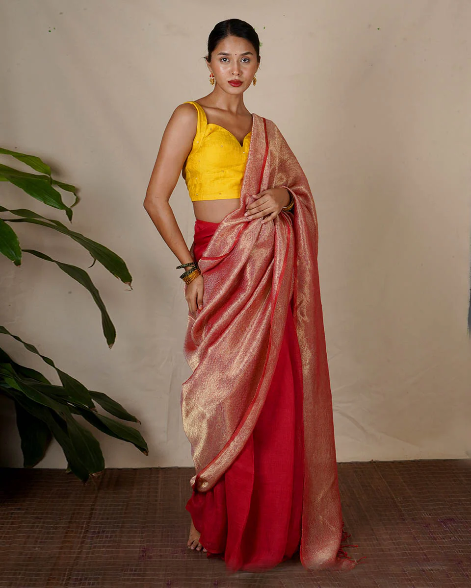Bibha Orange Handwoven Linen Zari Saree - Eknoor - Image 2