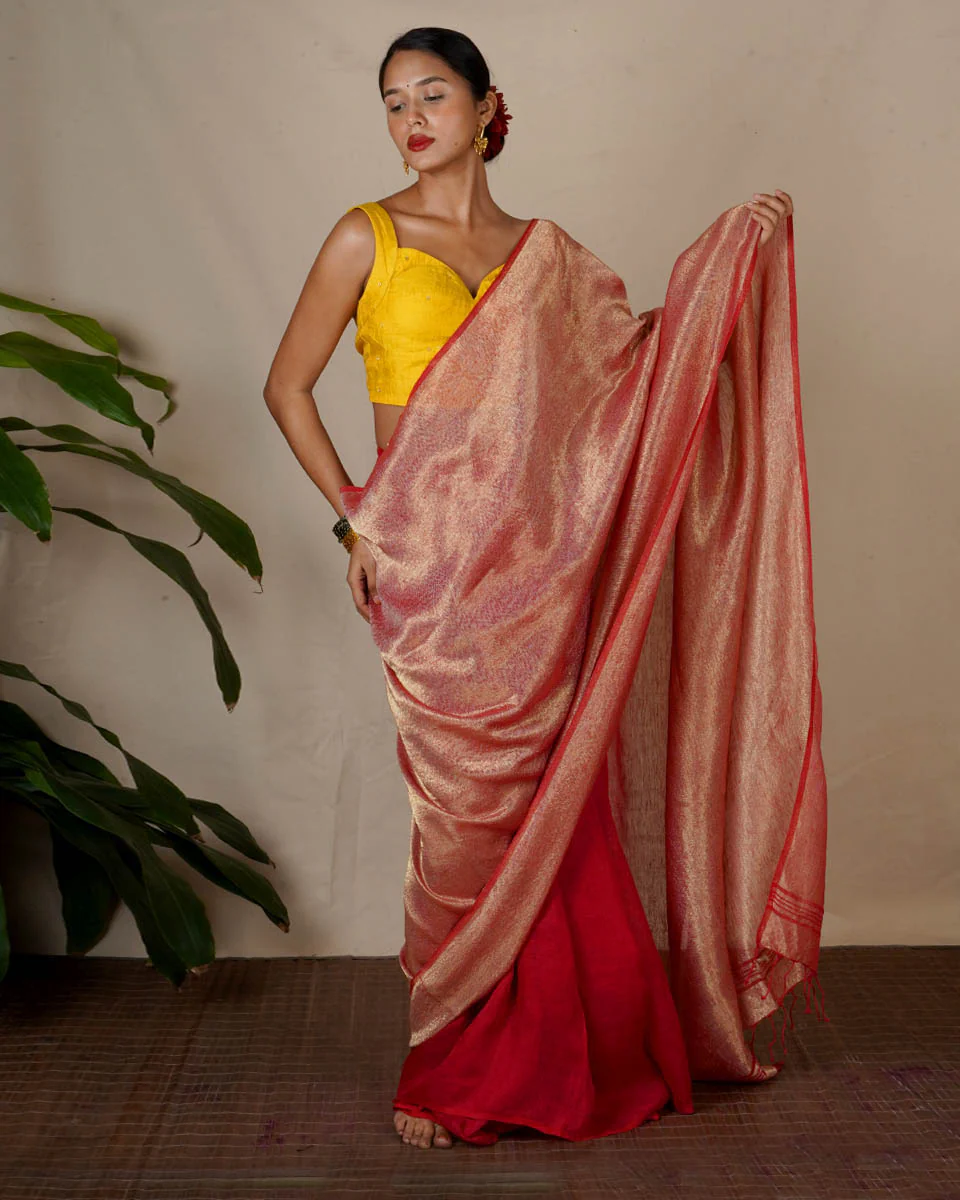 Bibha Orange Handwoven Linen Zari Saree - Eknoor - Image 4