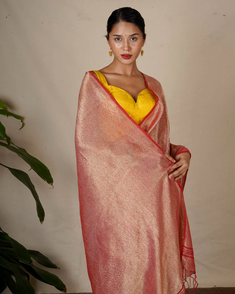 Bibha Orange Handwoven Linen Zari Saree - Eknoor - Image 5