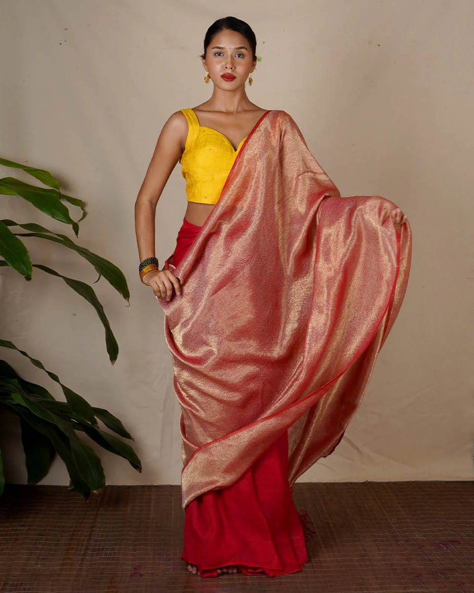 Bibha Orange Handwoven Linen Zari Saree - Eknoor - Image 7