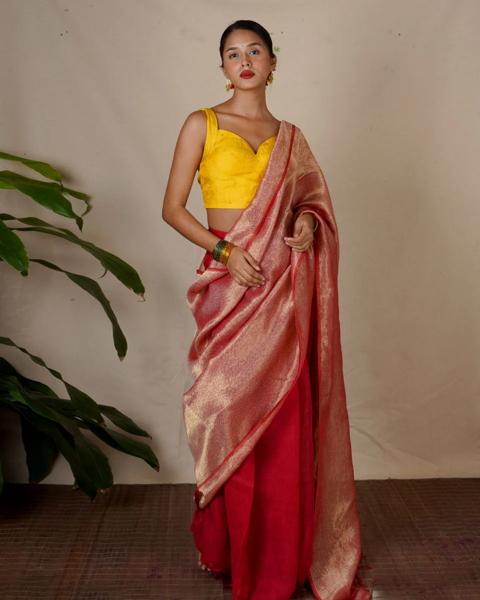 Bibha Orange Handwoven Linen Zari Saree - Eknoor - Image 8
