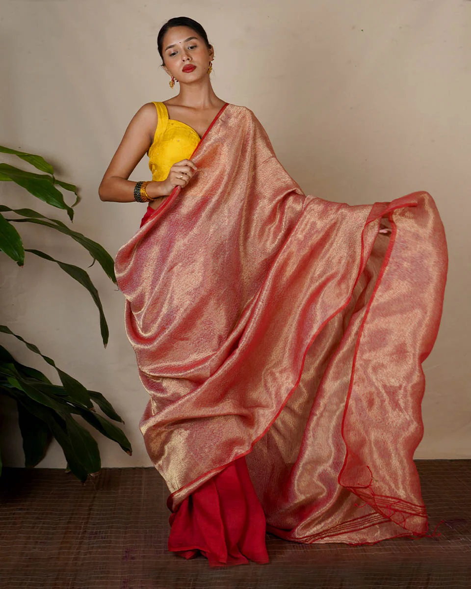 Bibha Orange Handwoven Linen Zari Saree - Eknoor - Image 9