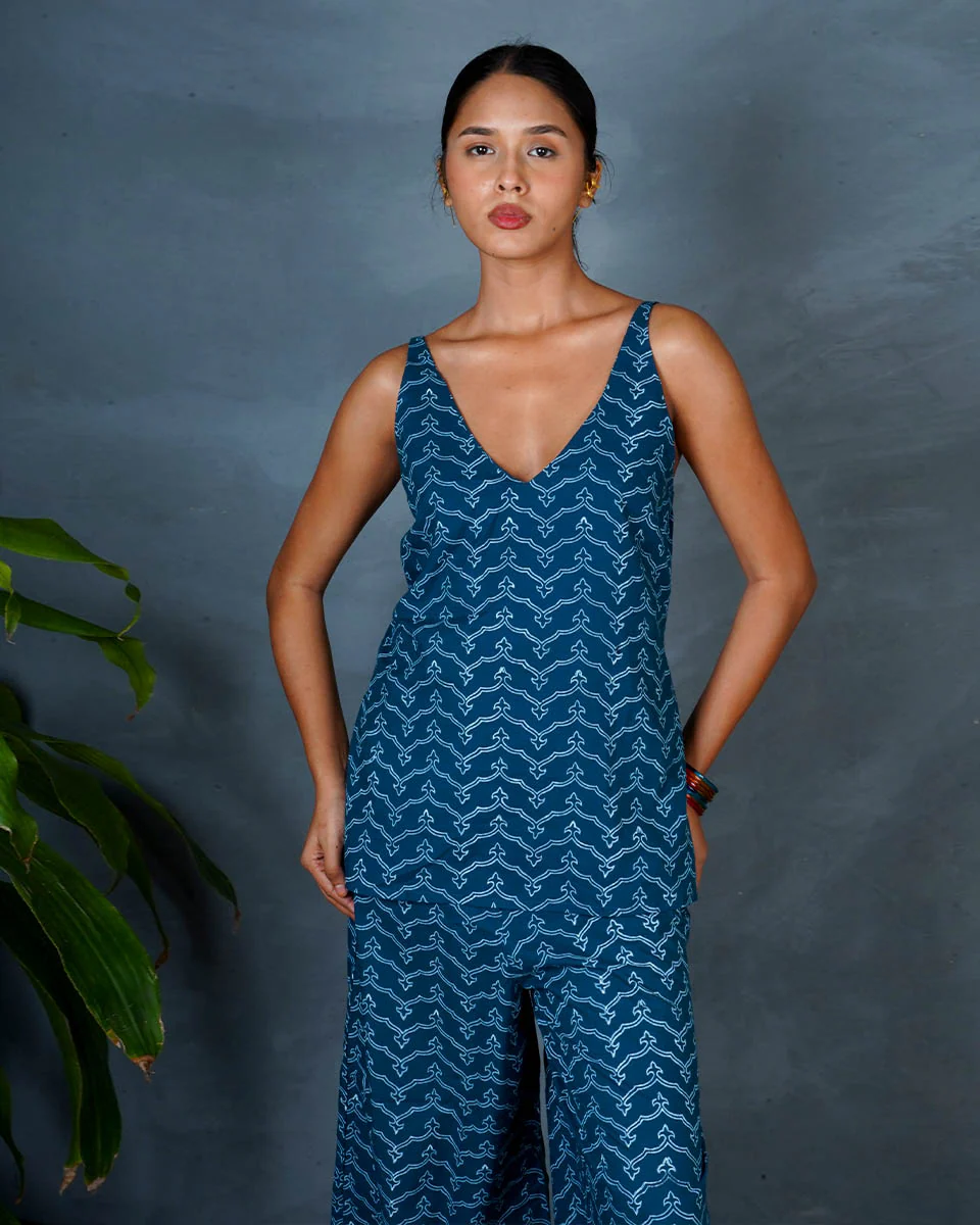 Bindu Teal Green Hand Block Printed Cotton Top-MYA