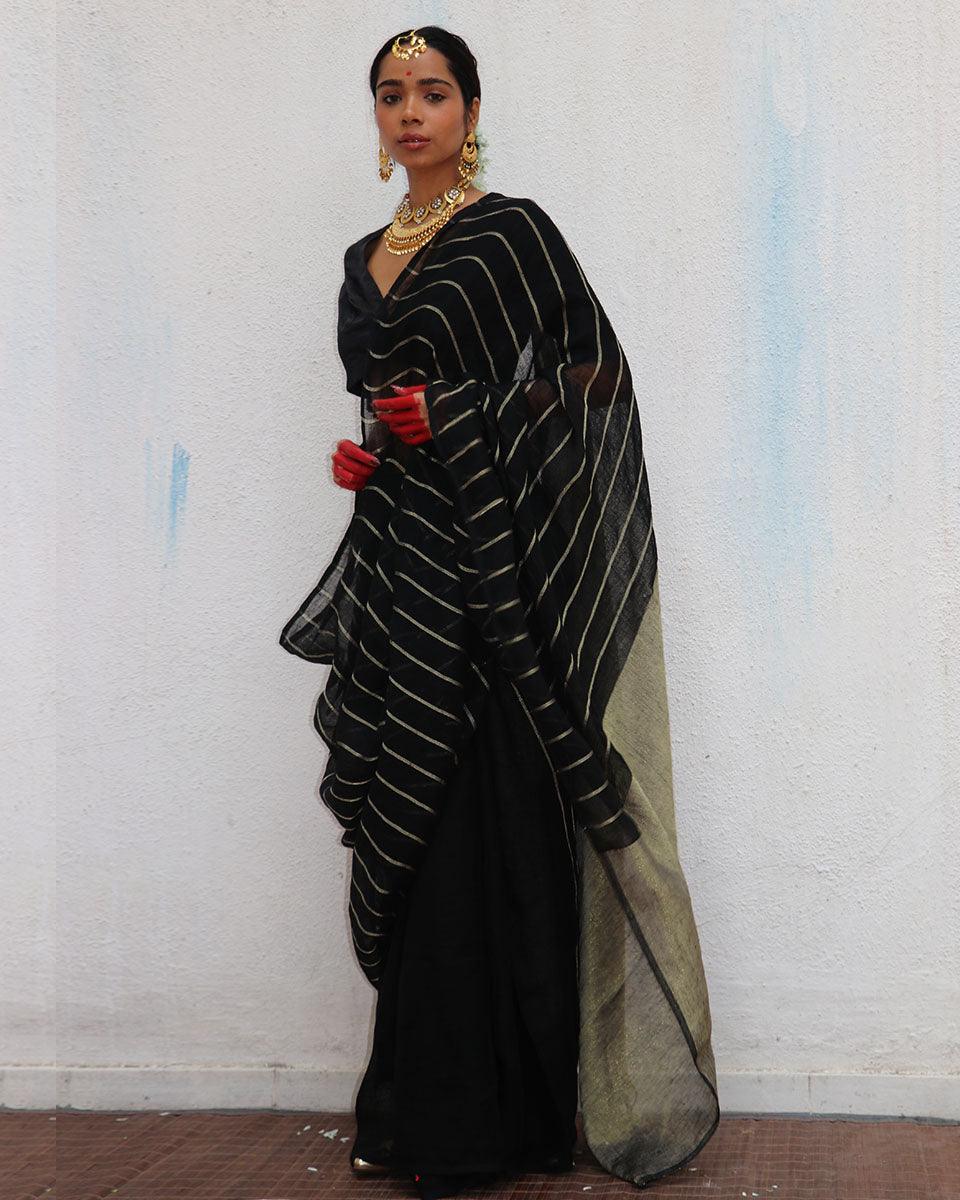 Binodini Handwoven Linen Zari Saree - Image 10