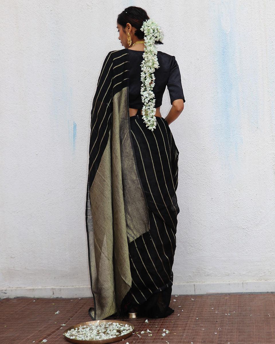 Binodini Handwoven Linen Zari Saree - Image 11