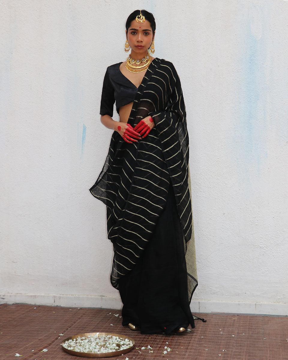 Binodini Handwoven Linen Zari Saree - Image 2
