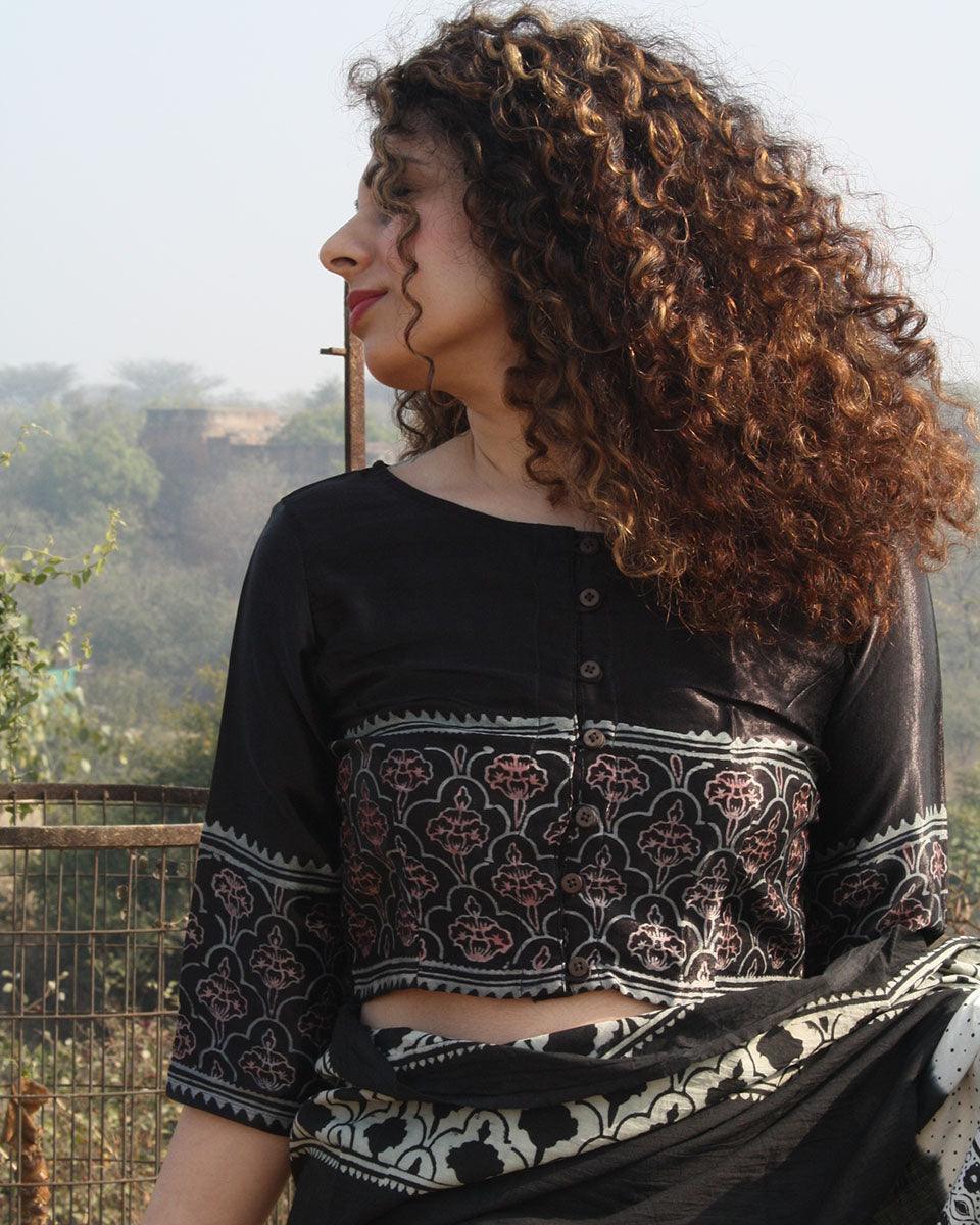 Black Blockprinted Crop Top Mashru Silk Blouse - Image 3