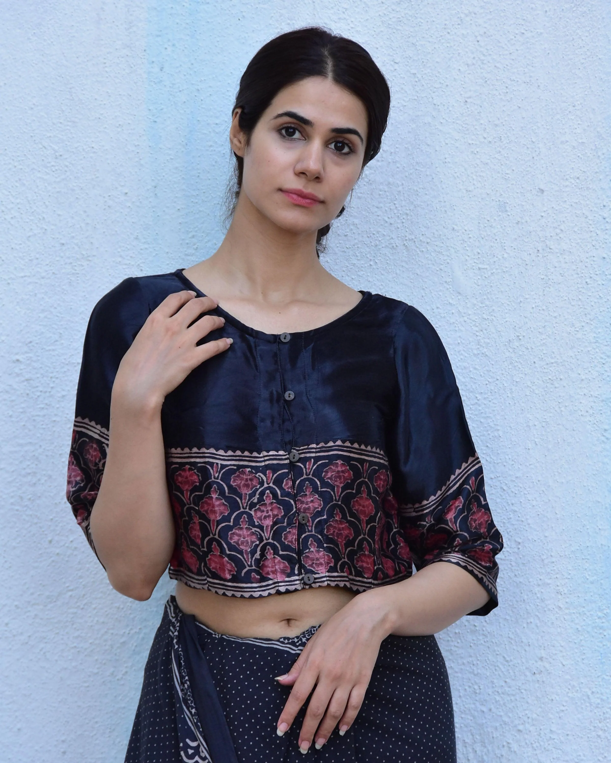 Black Blockprinted Crop Top Mashru Silk Blouse - Image 4