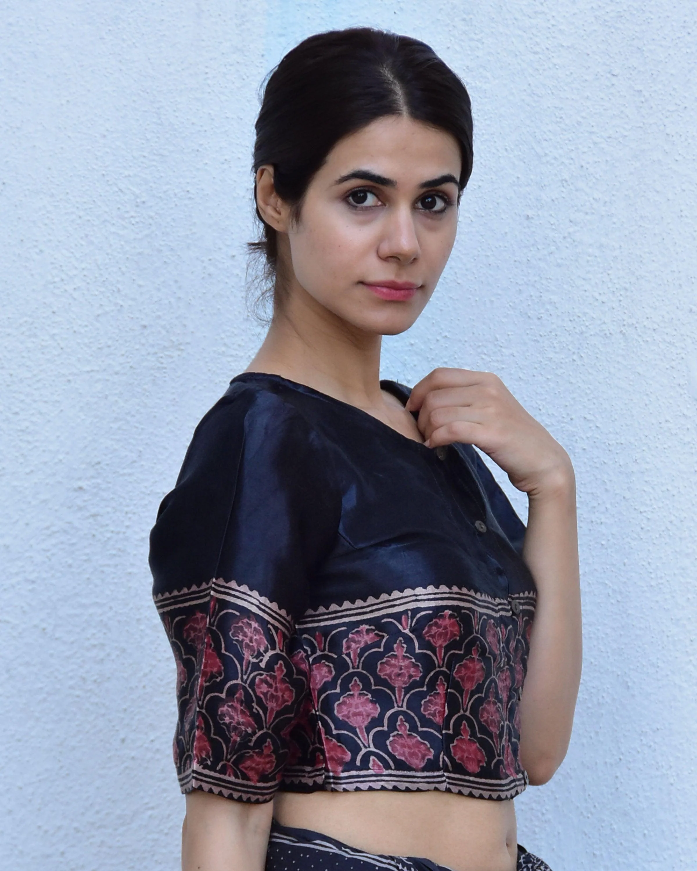 Black Blockprinted Crop Top Mashru Silk Blouse - Image 7