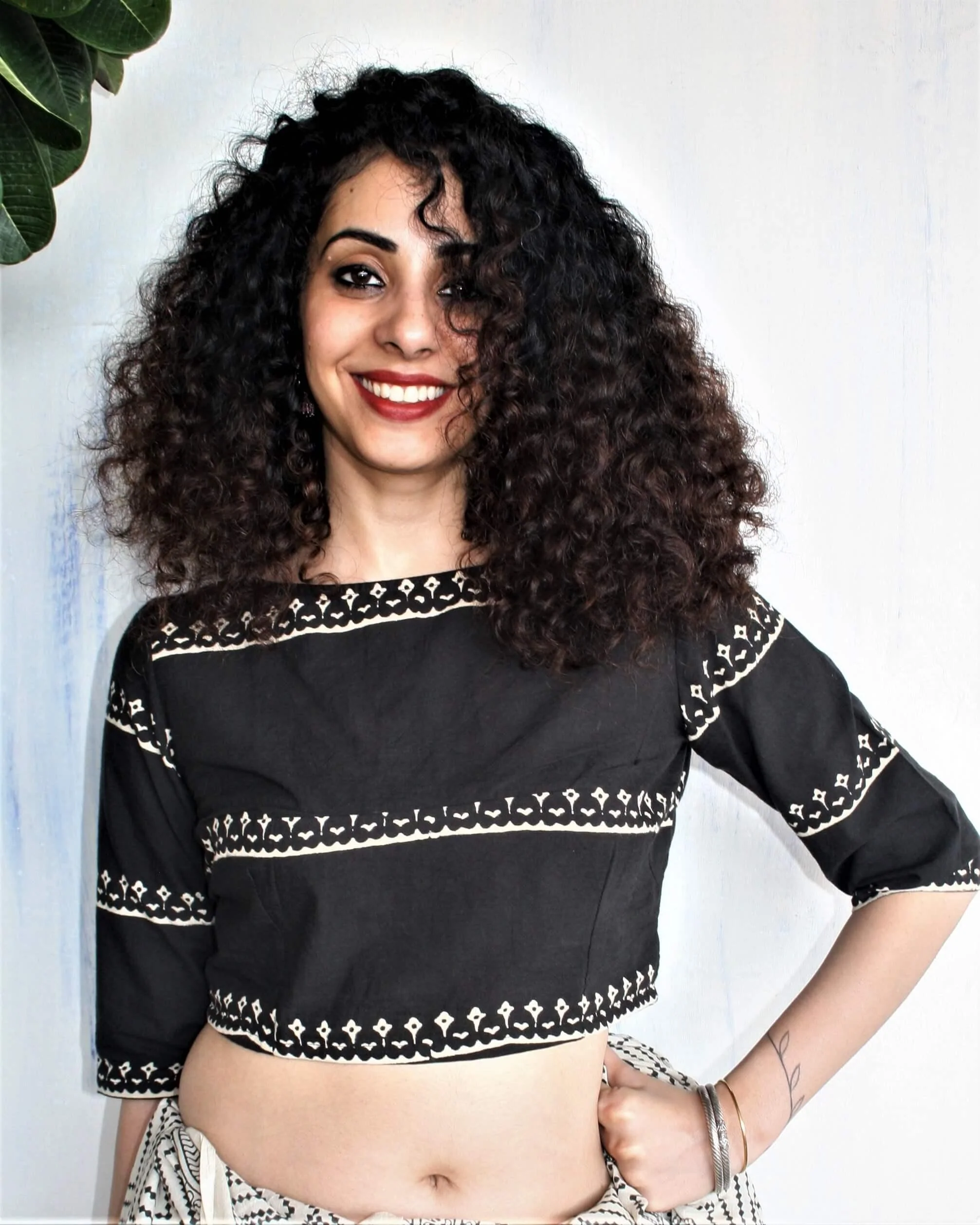 Black Blockprinted Crop Top Cotton Blouse - Image 2