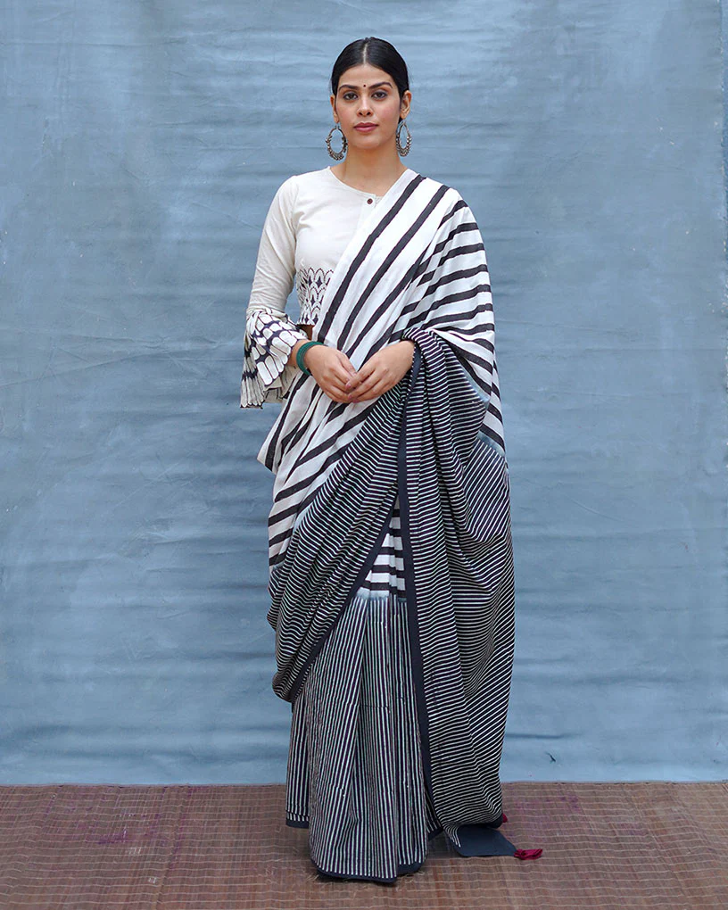 Black or White Handblock Print Cotton Saree - MIS