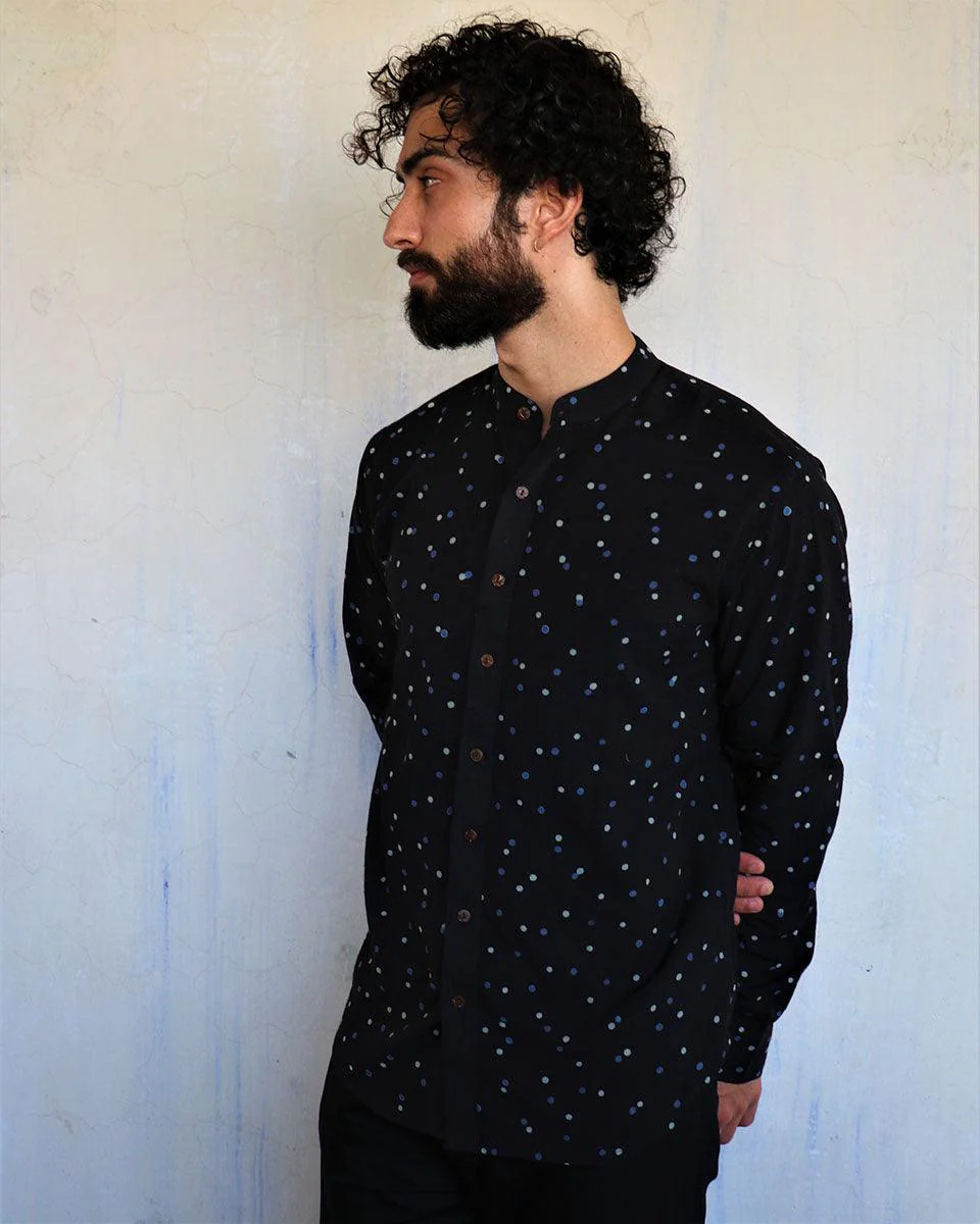 Black Polka Dots Blockprinted Men'S Shirt - Image 6