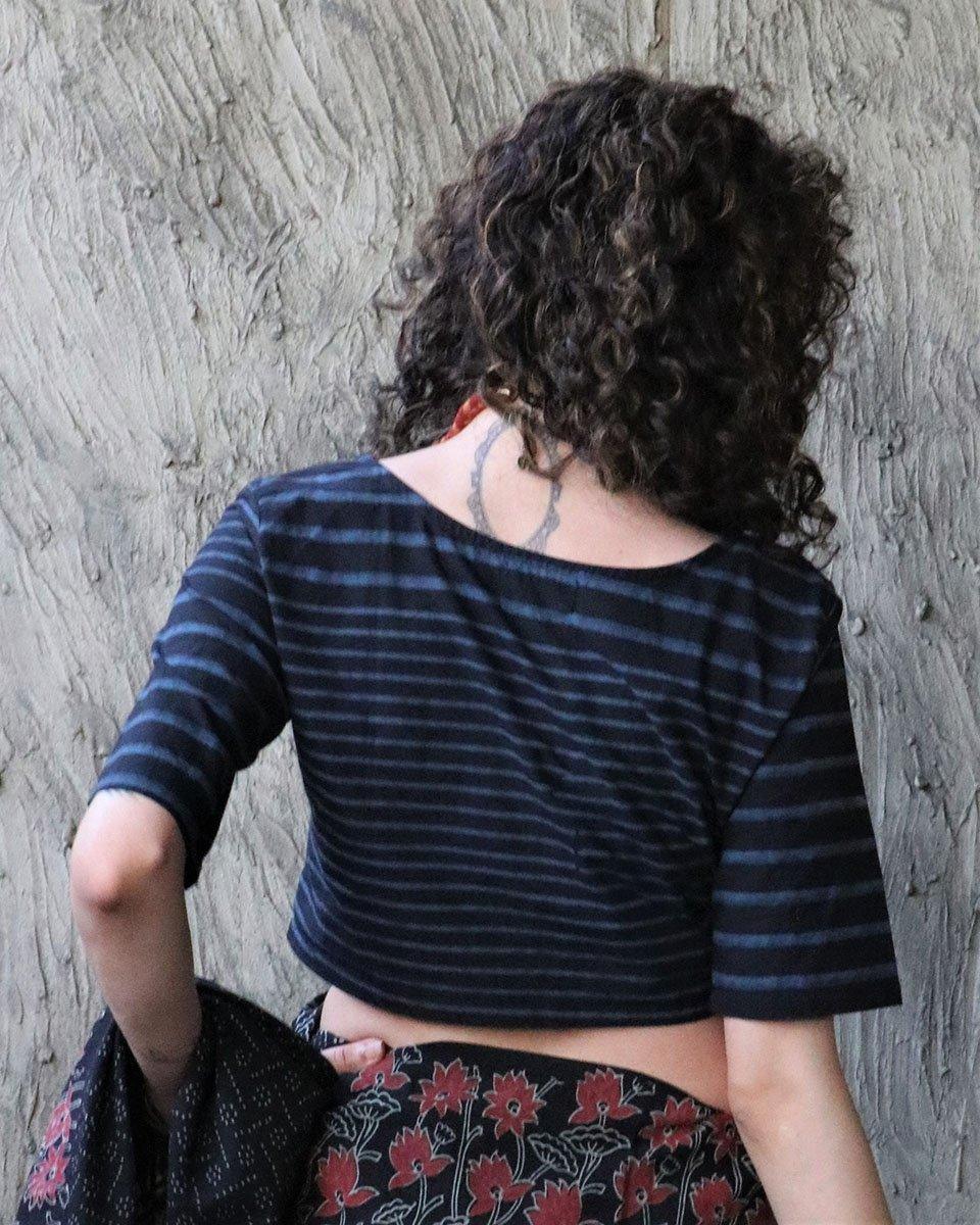 Black With Blue Strip Block Printed Cotton Crop Top Blouse - Image 2