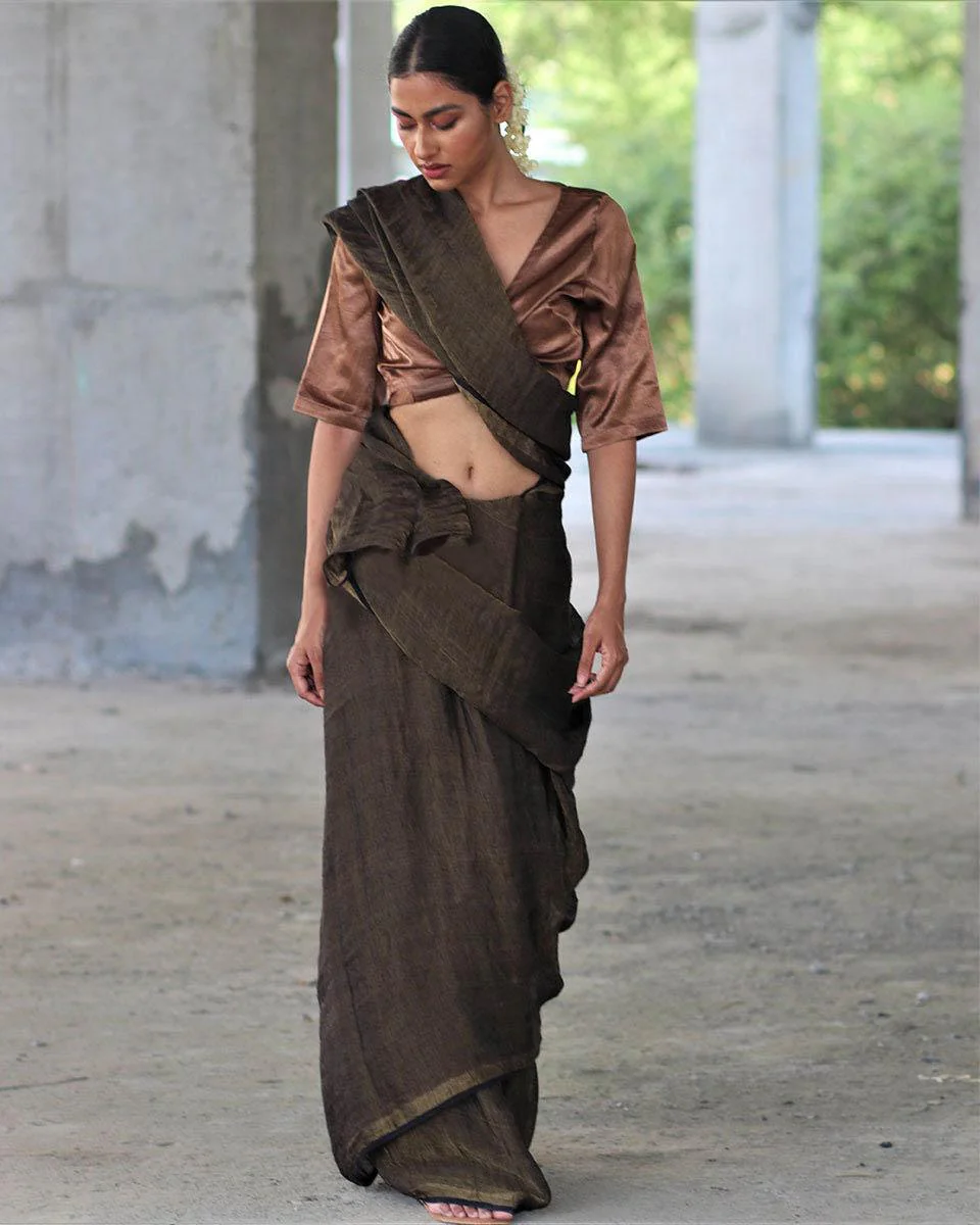 Black Zari Pure Handwoven Linen Saree-Manjari - Image 5