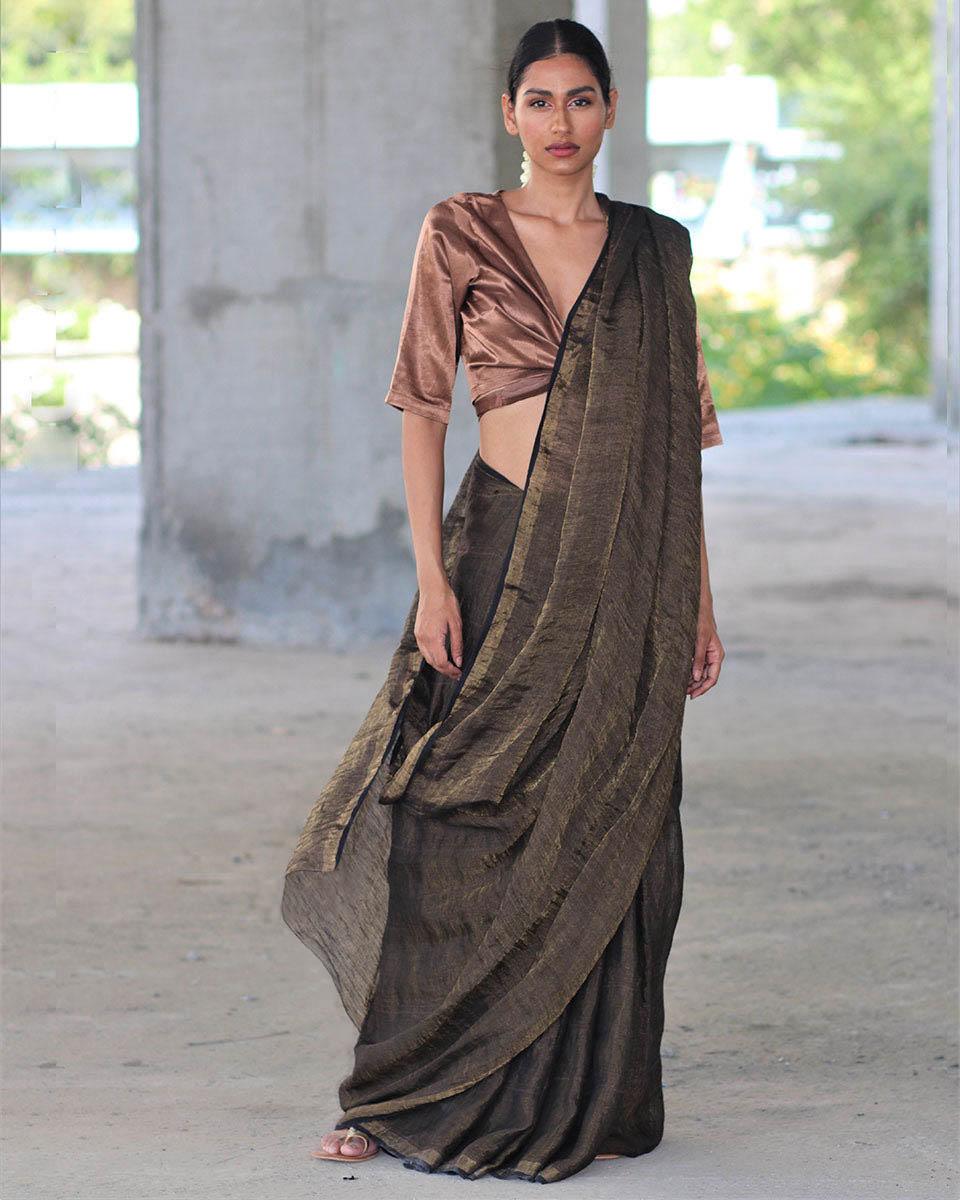 Black Zari Pure Handwoven Linen Saree-Manjari - Image 6
