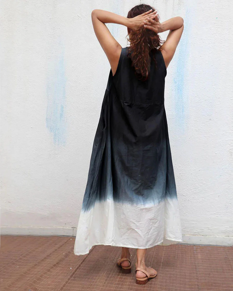 Blackberry Matcha Handblock Printed Cotton Dress - Mono - Image 11