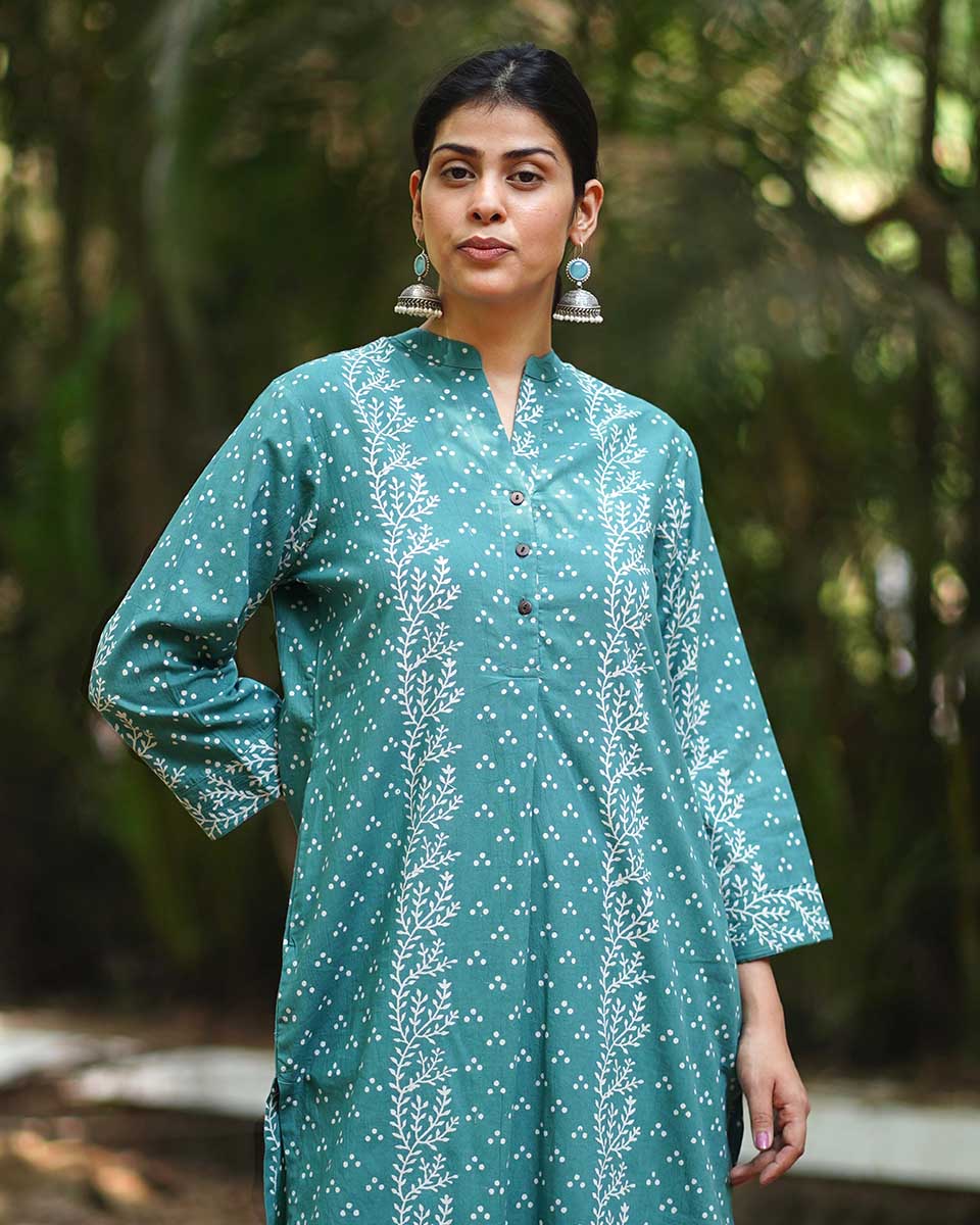 Bliss of Babyâ€™s Breath Teal Green Block Printed Kurti - MMG - Image 5