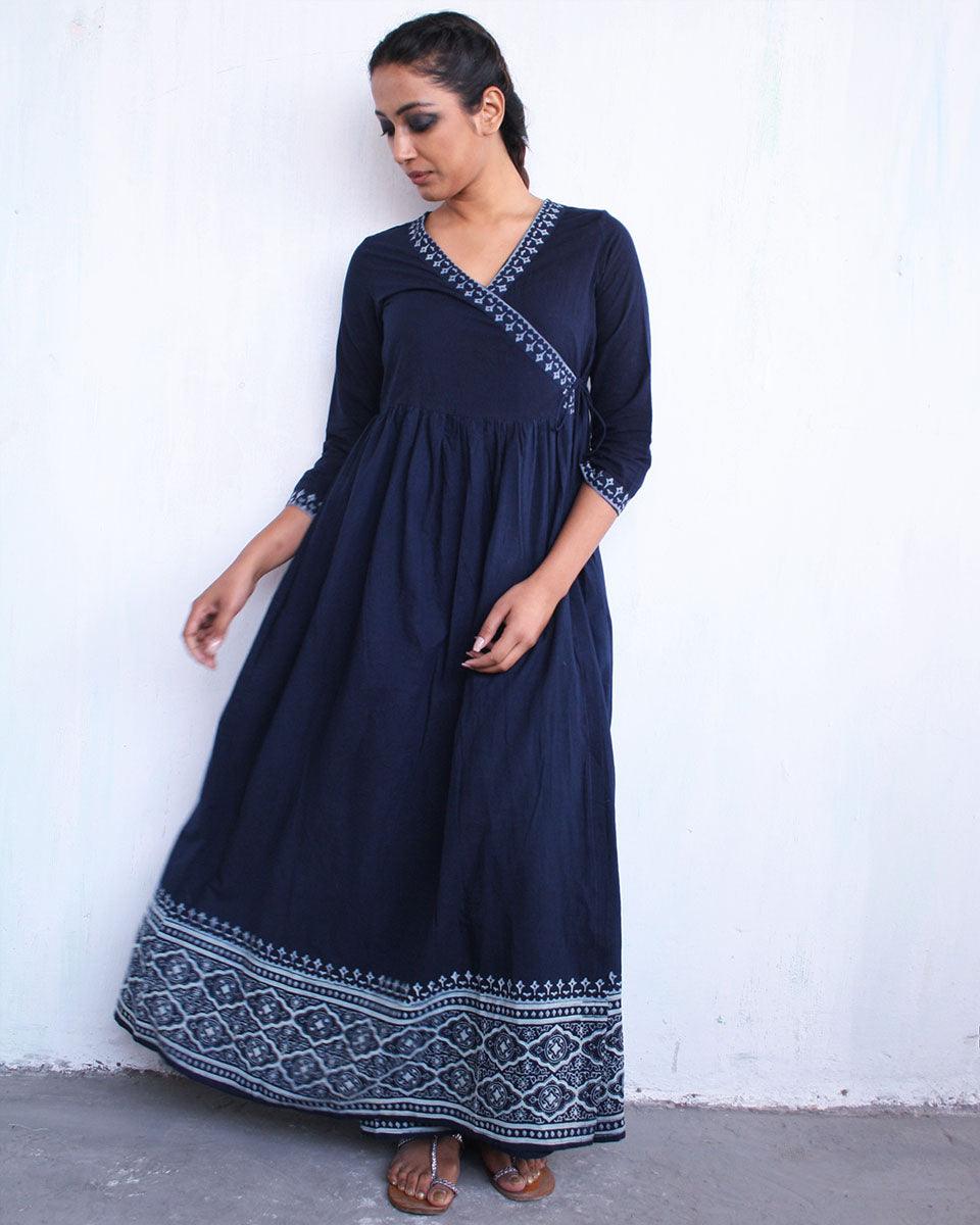 Blue Angarakha Border Blockprinted Cotton Dress