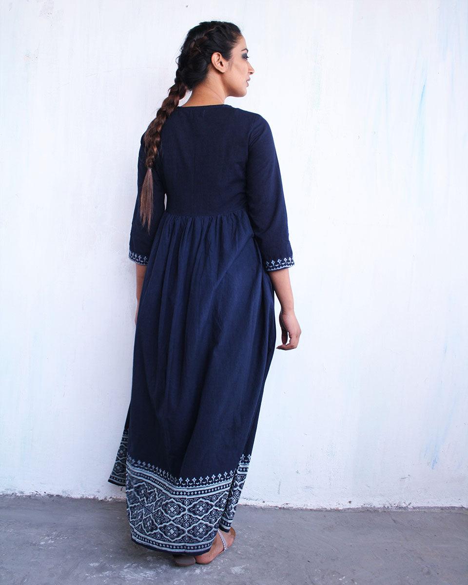 Blue Angarakha Border Blockprinted Cotton Dress - Image 2