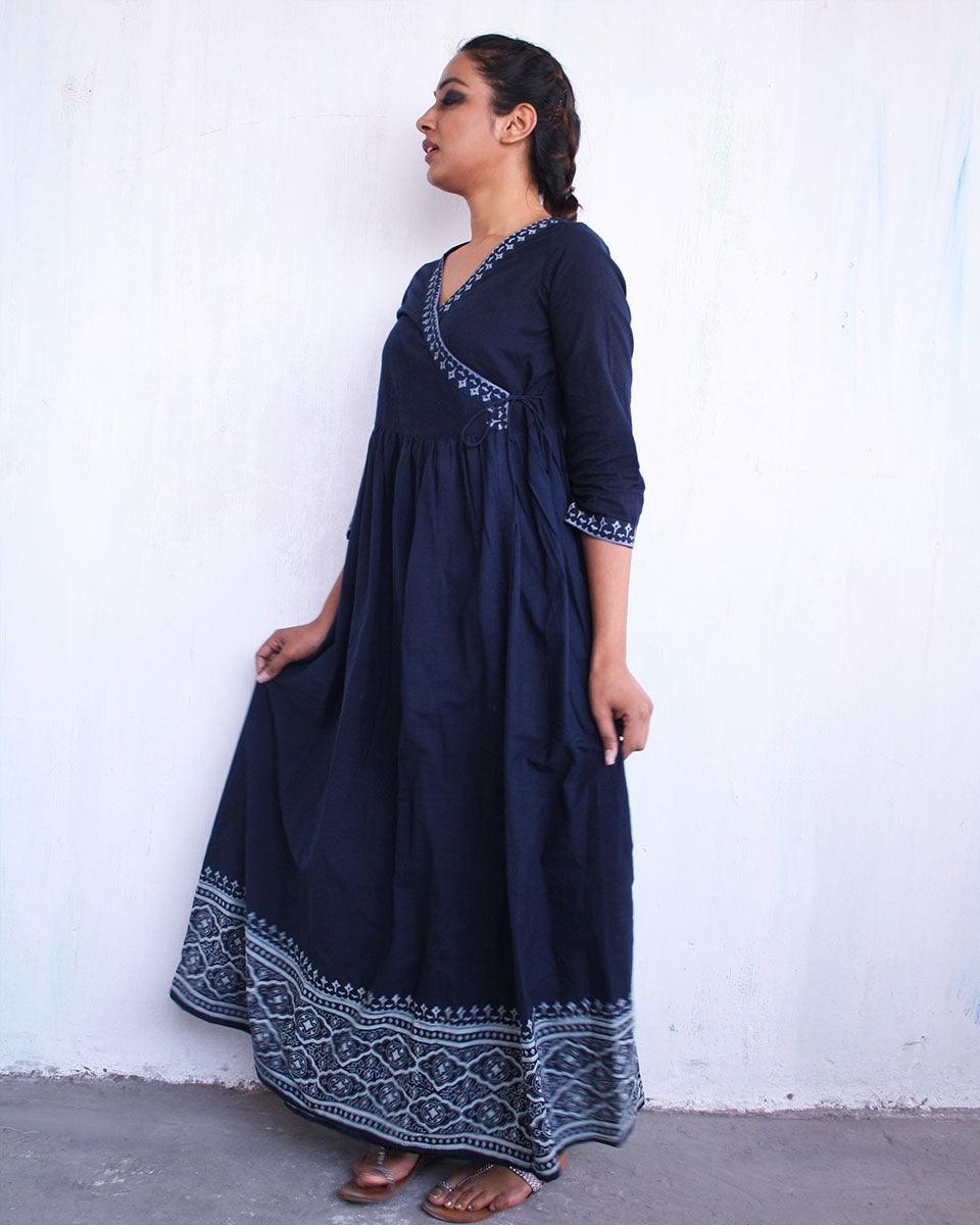 Blue Angarakha Border Blockprinted Cotton Dress - Image 4