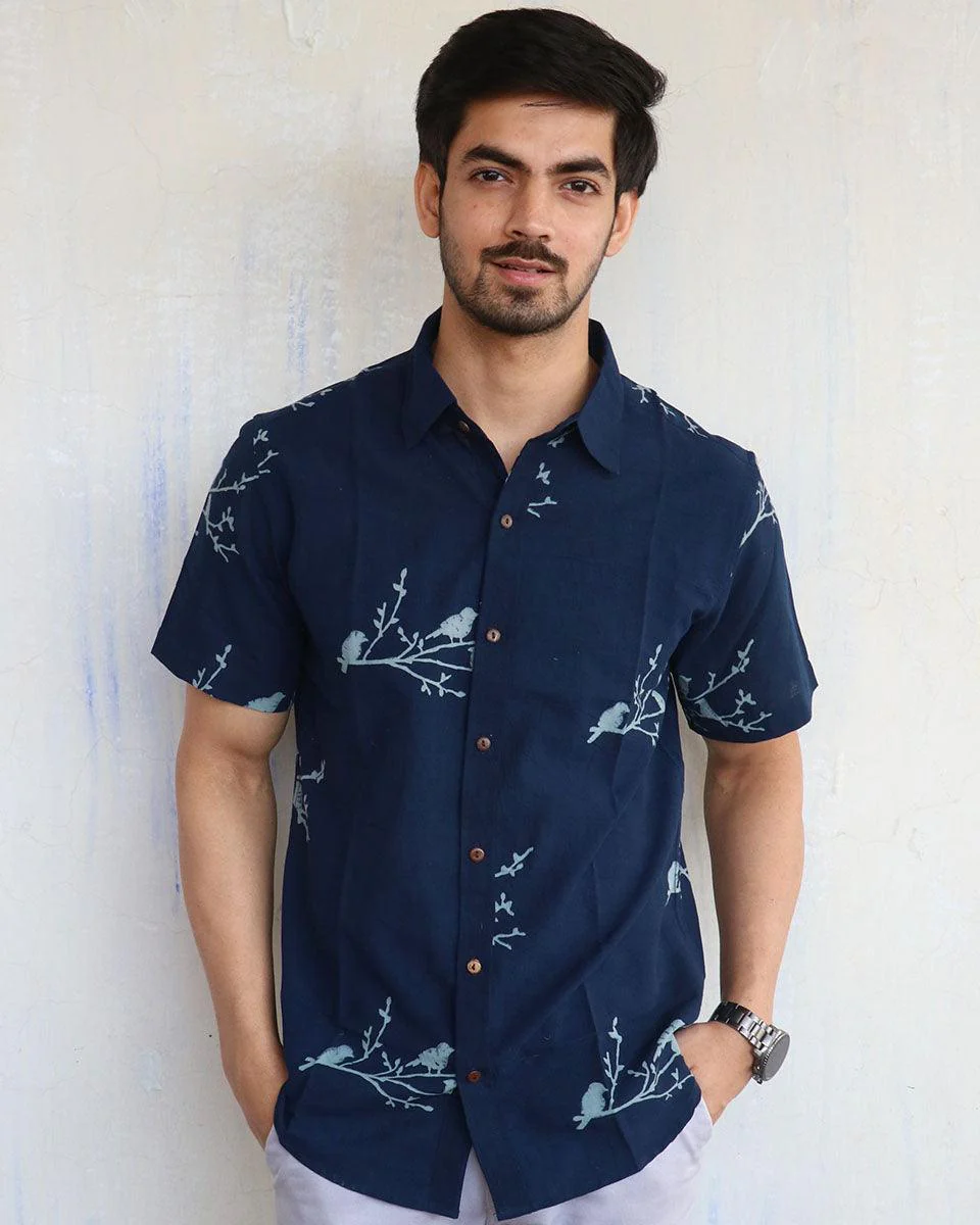 Blue Bird On Branch Block-Printed Men'S Shirt - Image 6