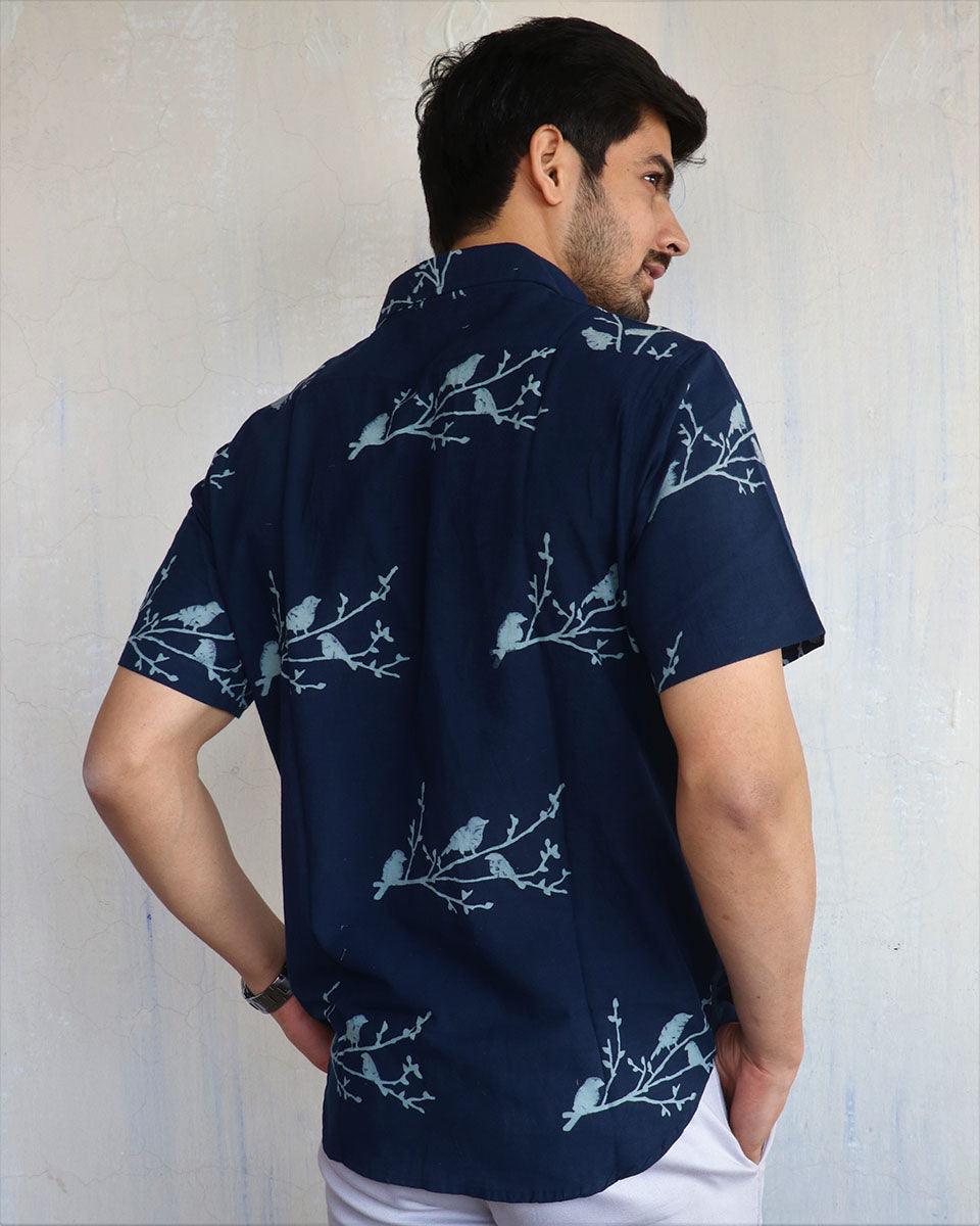 Blue Bird On Branch Block-Printed Men'S Shirt - Image 8