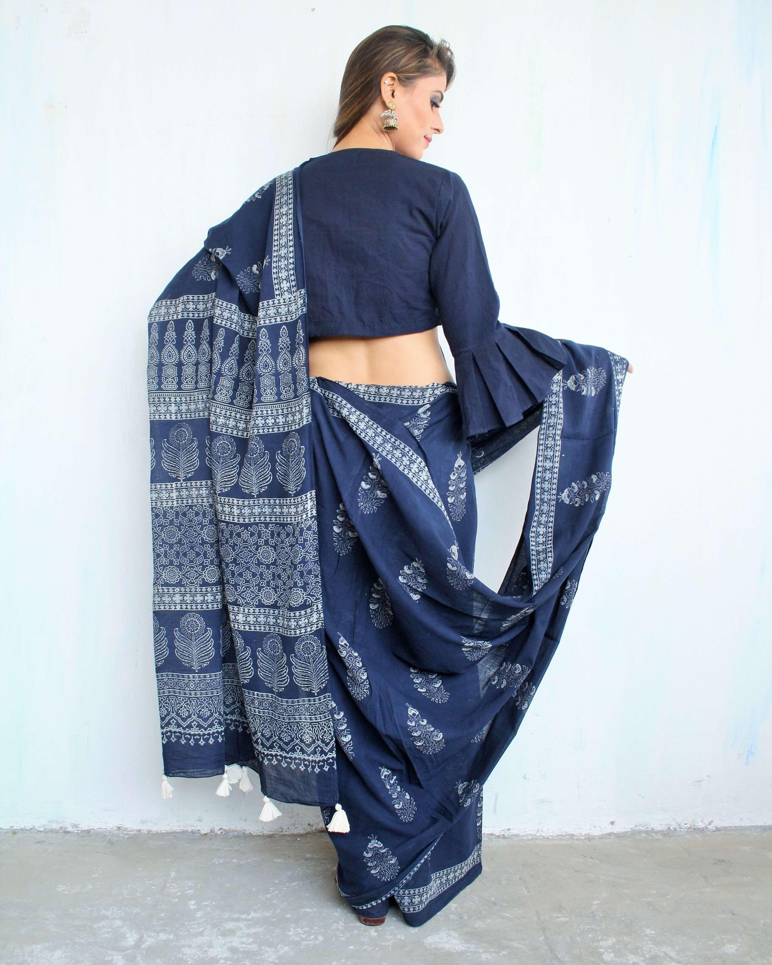 Indigo Bouquet Hand Blockprinted Cotton Saree - Image 4