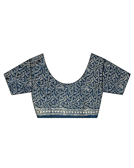 Indigo Bouquet Hand Blockprinted Cotton Saree - Image 5