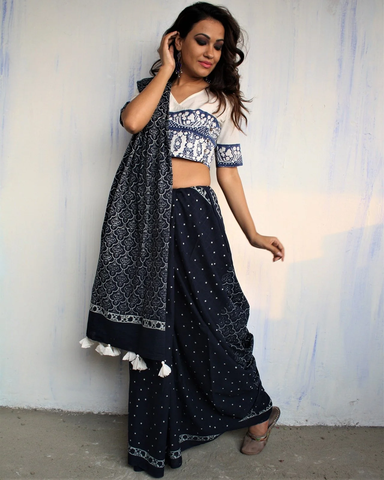 Blue Block Printed Cotton Mul Saree