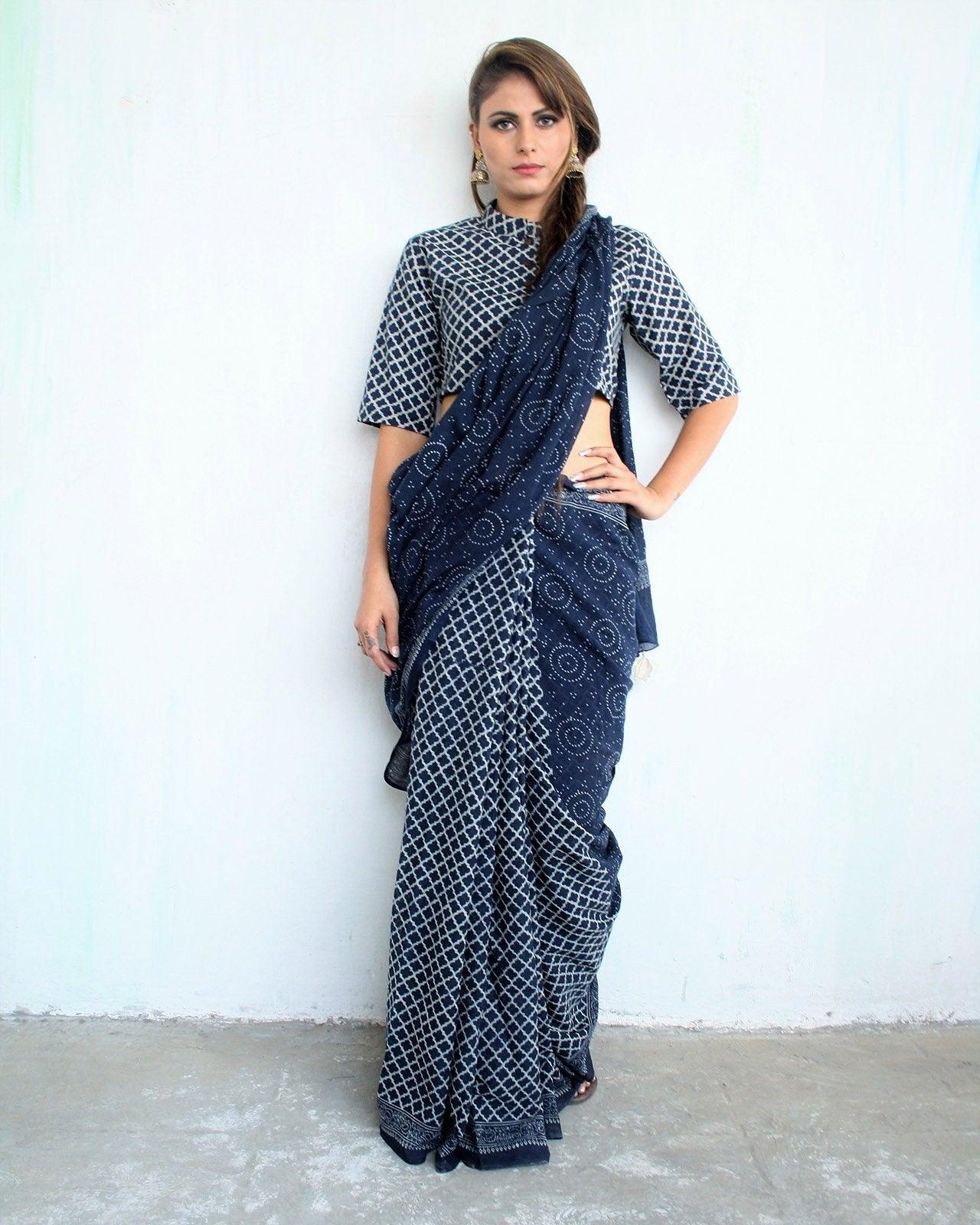 Indigo Magic Hand Blockprinted Cotton Saree - Image 4