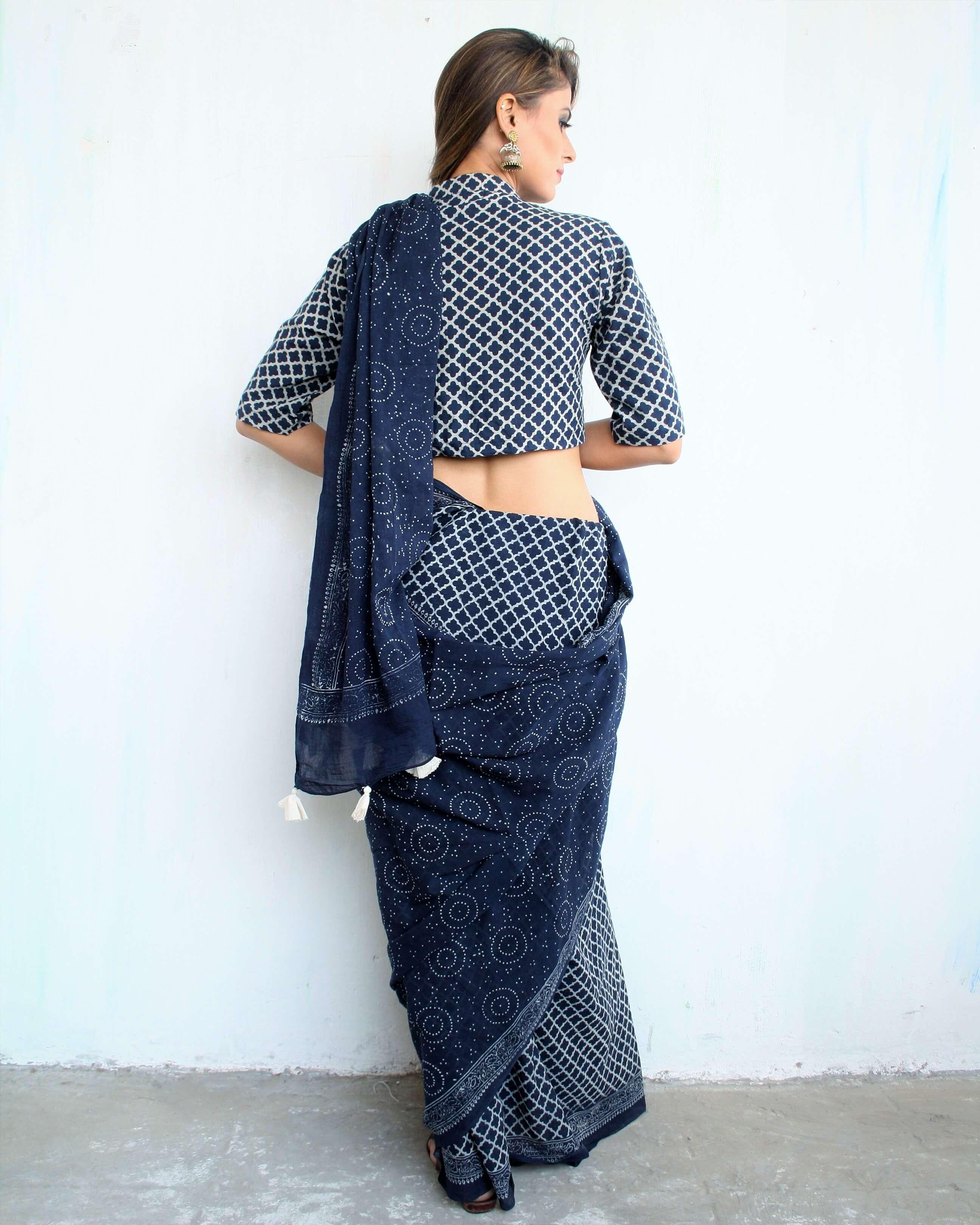 Indigo Magic Hand Blockprinted Cotton Saree - Image 5
